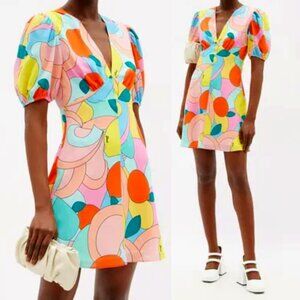 NWT Staud Milla A-line Mini Dress Georgette Allover Multi-Print V-Neck Sz 6